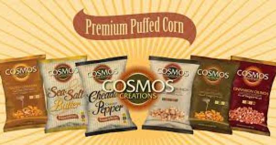 Lineup of Cosmos Creations premium puffed corn products.