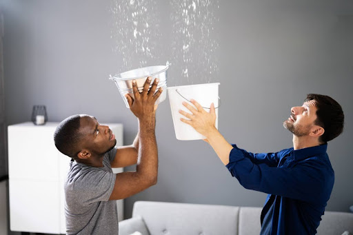 Two men holding buckets as they watch the ceiling leak water.