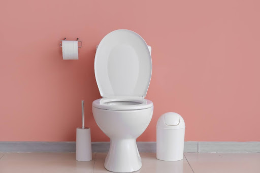 Toilet with mini trash can and toilet brush in front of pink bathroom wall